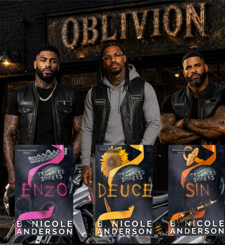 Troubled Sinners trilogy promotional image featuring ENZO, DEUCE and SIN by B. Nicole Anderson