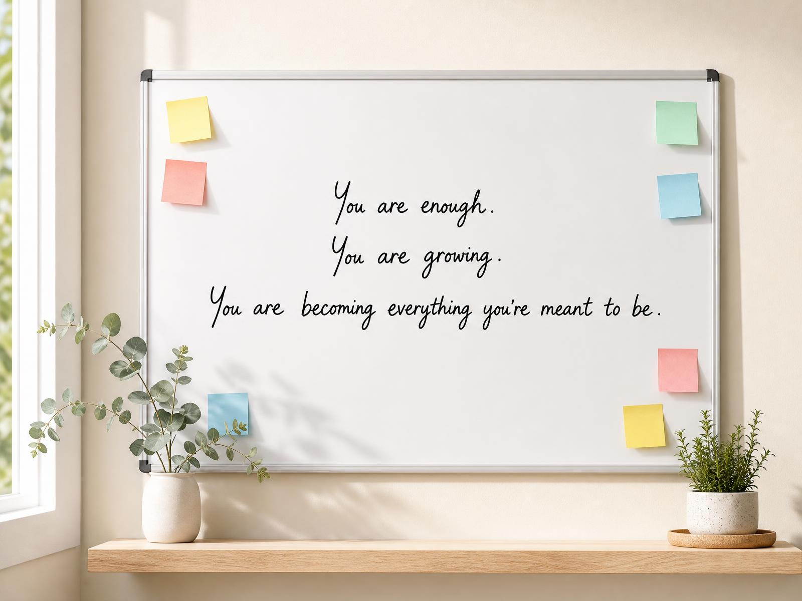 A whiteboard covered with colorful sticky notes of affirmations