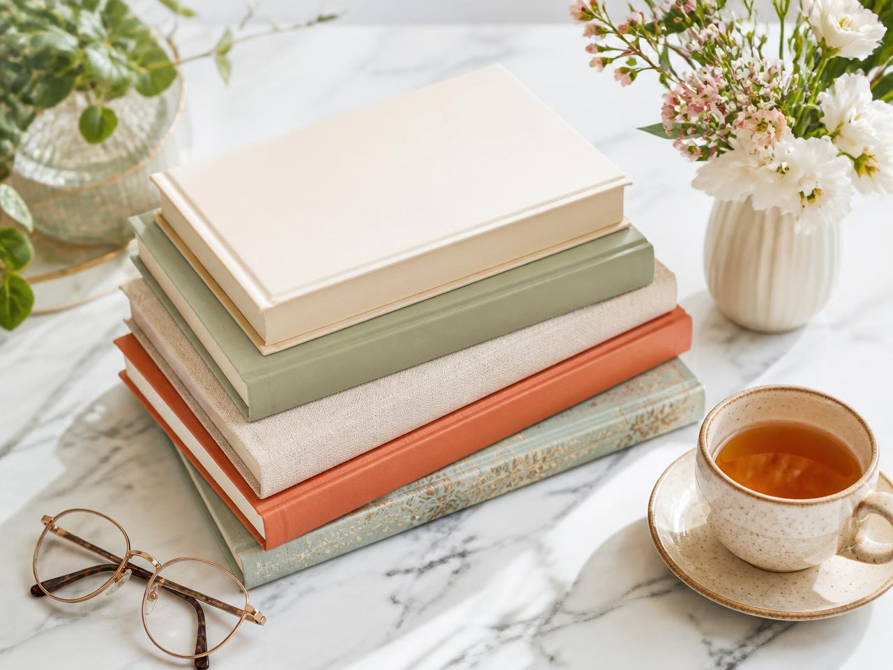 A bright stack of hardcover books on white marble with reading glasses, tea and fresh flowers