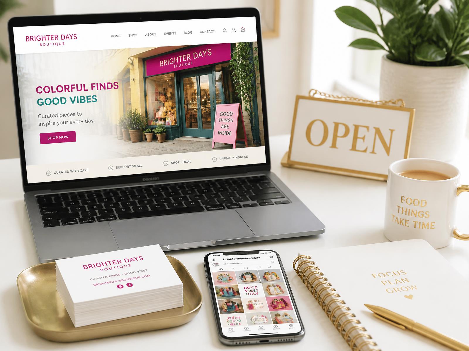 Bright desk with a laptop showing a boutique website, business cards, an OPEN sign and a notebook