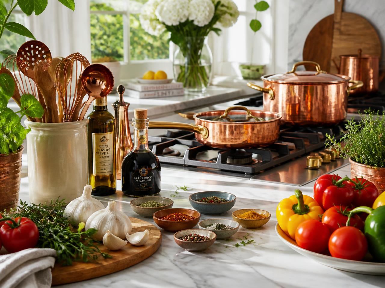 Bright pink and teal pots, wooden utensils, spices and fresh vegetables
