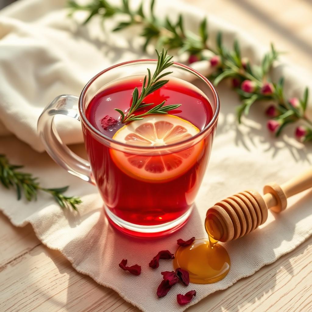 Lemon rosemary hibiscus tea steeping in a glass pot with fresh herbs and lemon