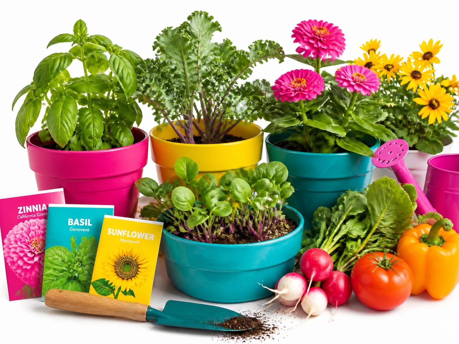 Colorful pots with seedlings, herbs, seed packets and fresh vegetables