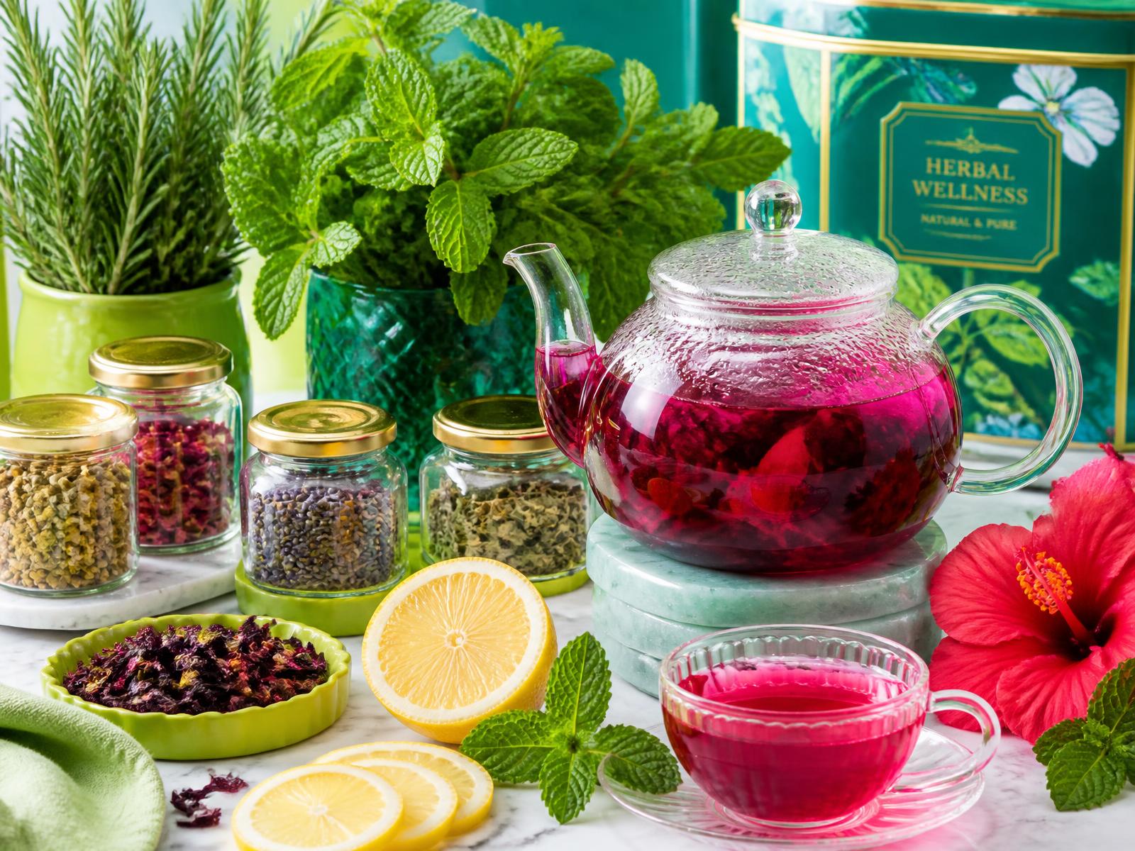 Glass teapot with vivid hibiscus infusion, fresh mint, lemon and herb jars