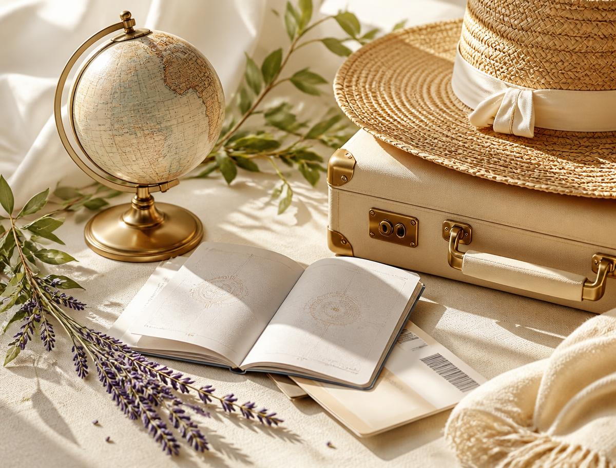 Golden globe, straw hat, vintage suitcase and open travel notebook in warm sunlight