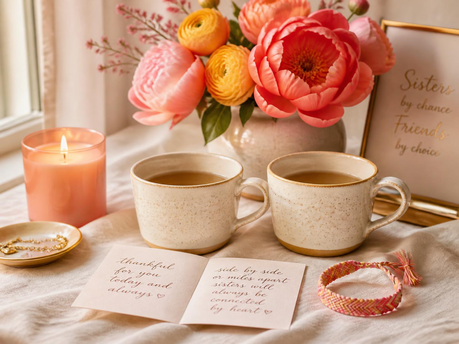 Two speckled mugs of tea, peonies, handwritten notes and a friendship bracelet in warm light