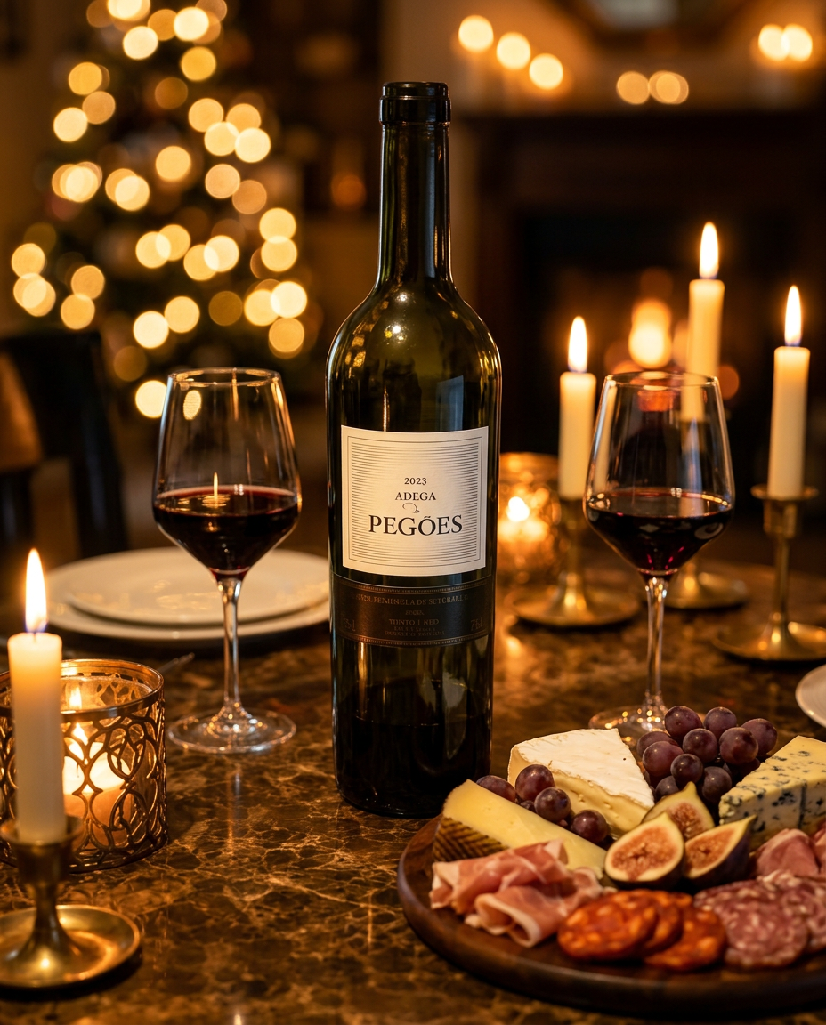 A 2023 Adega Pegões bottle on a candlelit dinner table with charcuterie and poured red wine